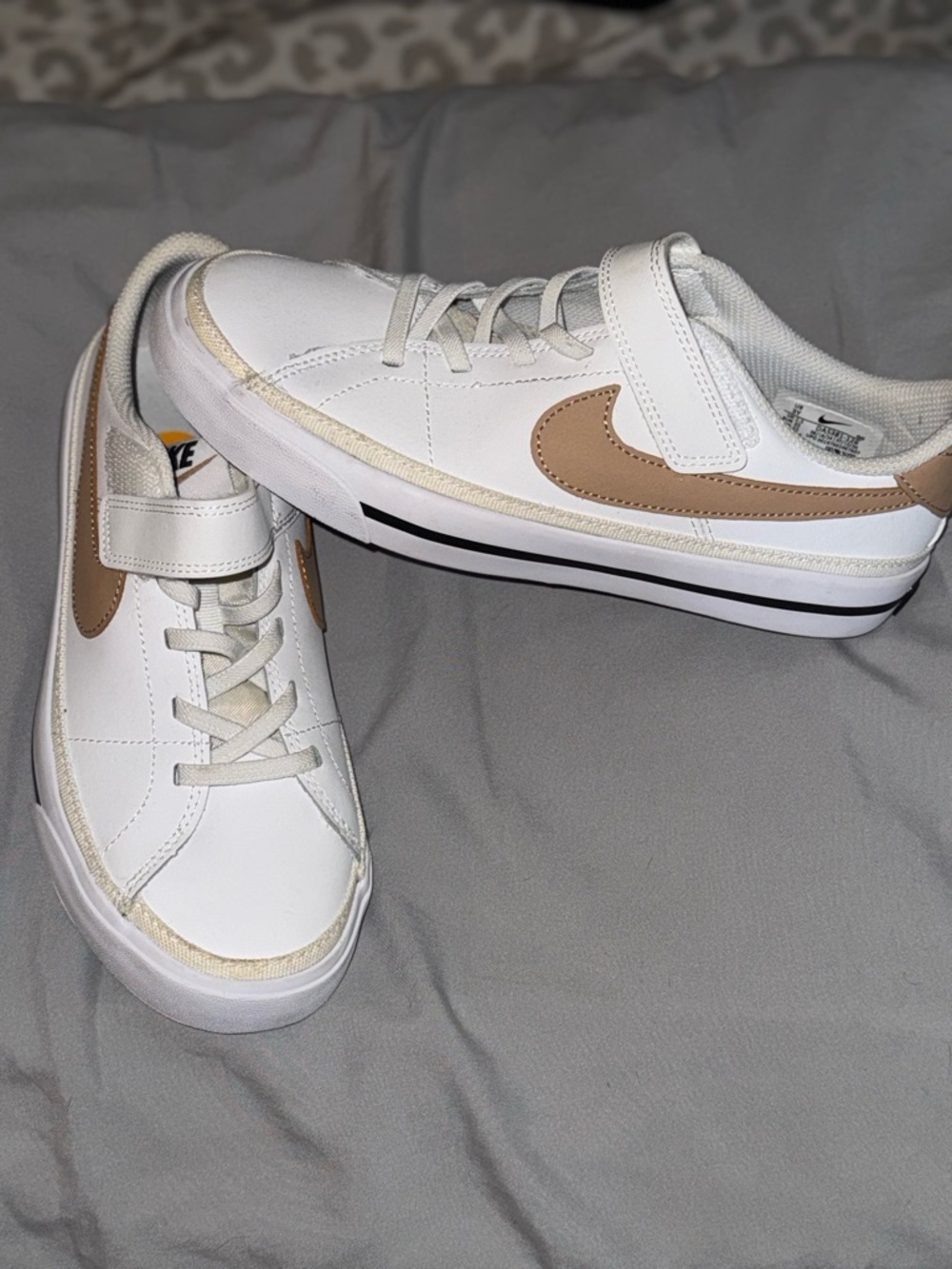 Nike White Sneakers with Tan Swoosh and Velcro Strap